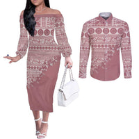 Fiji Marau na Kerisimasi Couples Matching Off The Shoulder Long Sleeve Dress and Long Sleeve Button Shirt Dusty Rose Tagimoucia Tapa Masi Tribal LT9 Pink - Polynesian Pride