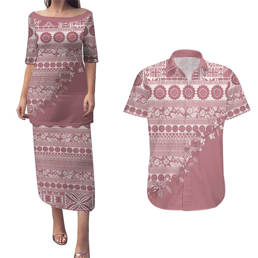 Fiji Marau na Kerisimasi Couples Matching Puletasi and Hawaiian Shirt Dusty Rose Tagimoucia Tapa Masi Tribal - Polynesian Pride