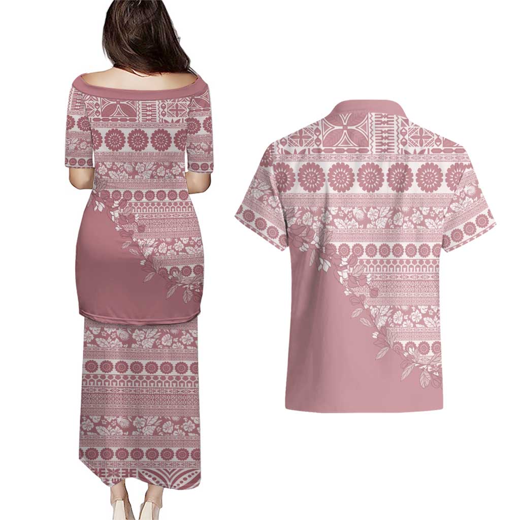 Fiji Marau na Kerisimasi Couples Matching Puletasi and Hawaiian Shirt Dusty Rose Tagimoucia Tapa Masi Tribal LT9 - Polynesian Pride