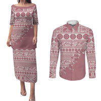Fiji Marau na Kerisimasi Couples Matching Puletasi and Long Sleeve Button Shirt Dusty Rose Tagimoucia Tapa Masi Tribal LT9 Pink - Polynesian Pride