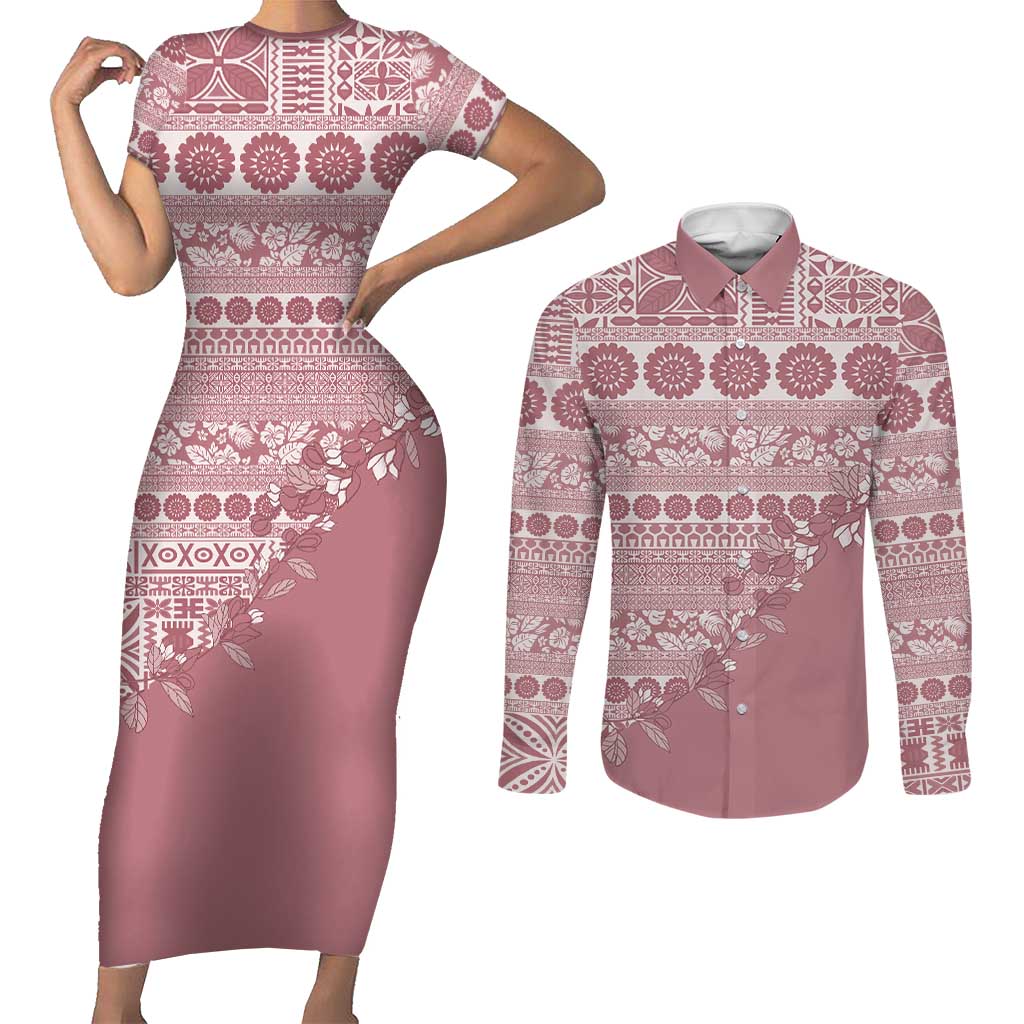 Fiji Marau na Kerisimasi Couples Matching Short Sleeve Bodycon Dress and Long Sleeve Button Shirt Dusty Rose Tagimoucia Tapa Masi Tribal LT9 Pink - Polynesian Pride