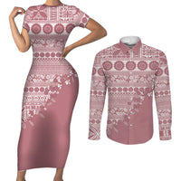 Fiji Marau na Kerisimasi Couples Matching Short Sleeve Bodycon Dress and Long Sleeve Button Shirt Dusty Rose Tagimoucia Tapa Masi Tribal LT9 Pink - Polynesian Pride