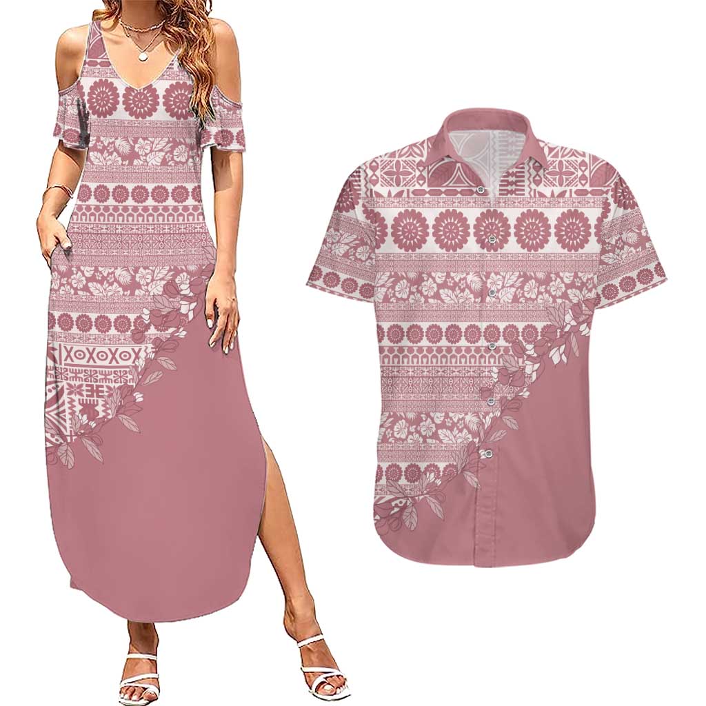 Fiji Marau na Kerisimasi Couples Matching Summer Maxi Dress and Hawaiian Shirt Dusty Rose Tagimoucia Tapa Masi Tribal LT9 Pink - Polynesian Pride