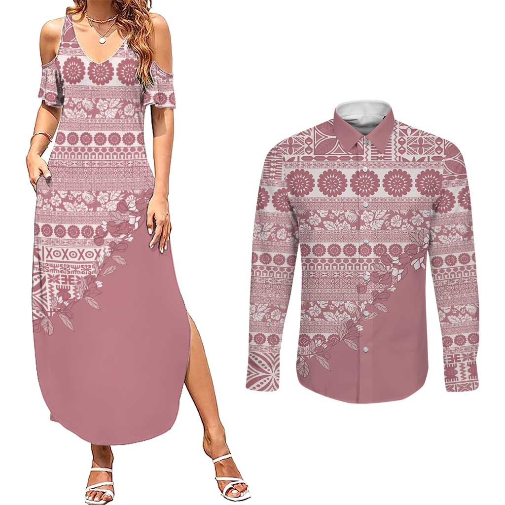 Fiji Marau na Kerisimasi Couples Matching Summer Maxi Dress and Long Sleeve Button Shirt Dusty Rose Tagimoucia Tapa Masi Tribal LT9 Pink - Polynesian Pride