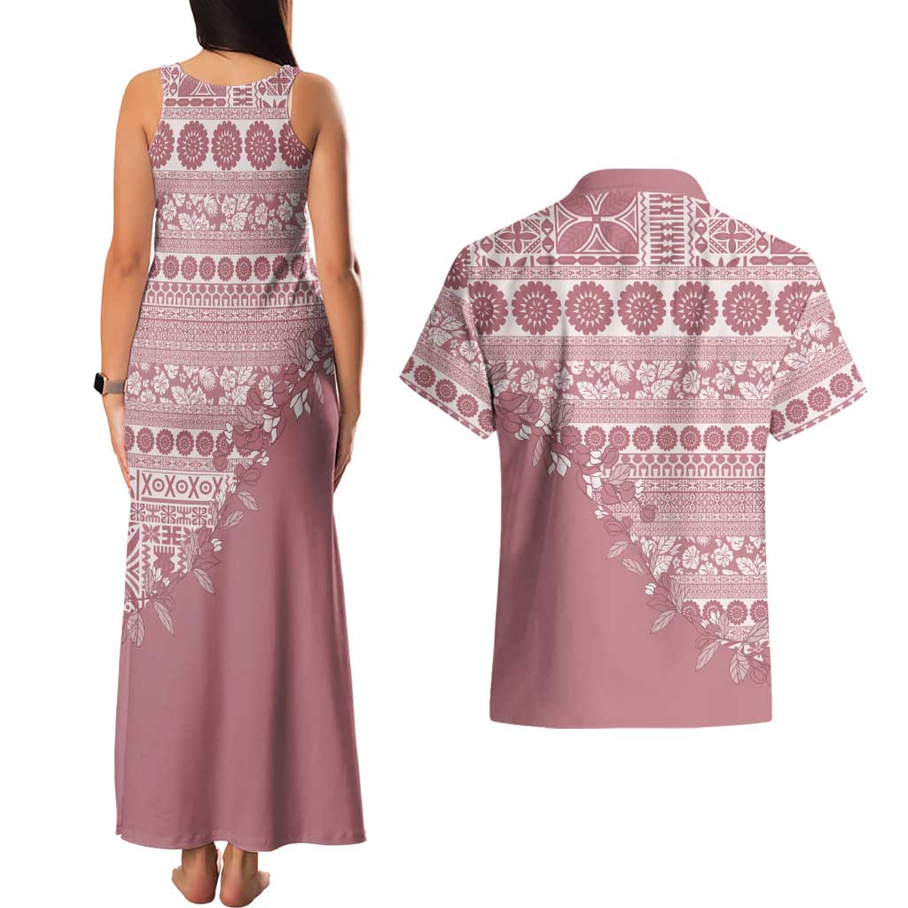 Fiji Marau na Kerisimasi Couples Matching Tank Maxi Dress and Hawaiian Shirt Dusty Rose Tagimoucia Tapa Masi Tribal LT9 - Polynesian Pride