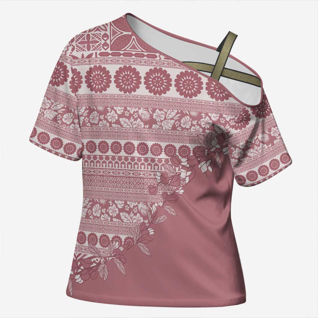 Fiji Marau na Kerisimasi Cross Shoulder Shirt Dusty Rose Tagimoucia Tapa Masi Tribal LT9 Female Pink - Polynesian Pride