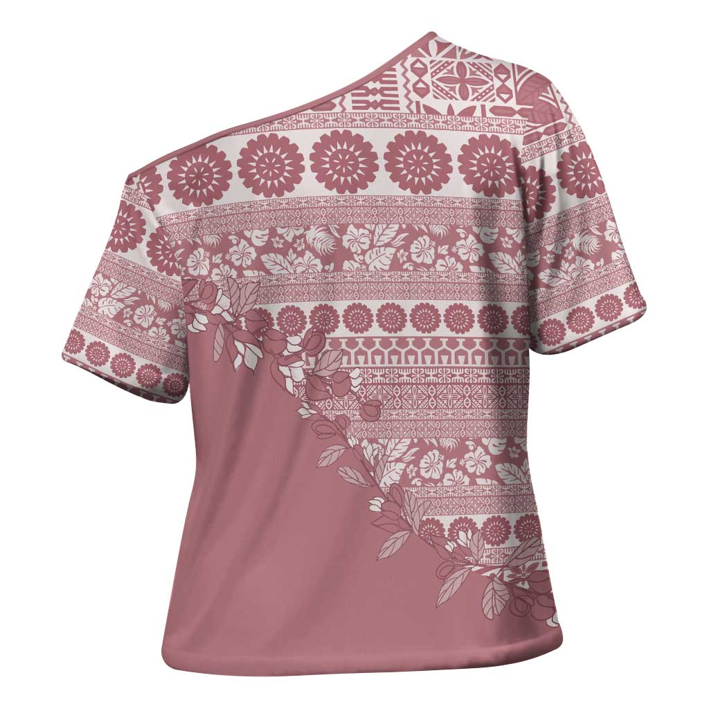 Fiji Marau na Kerisimasi Cross Shoulder Shirt Dusty Rose Tagimoucia Tapa Masi Tribal LT9 - Polynesian Pride