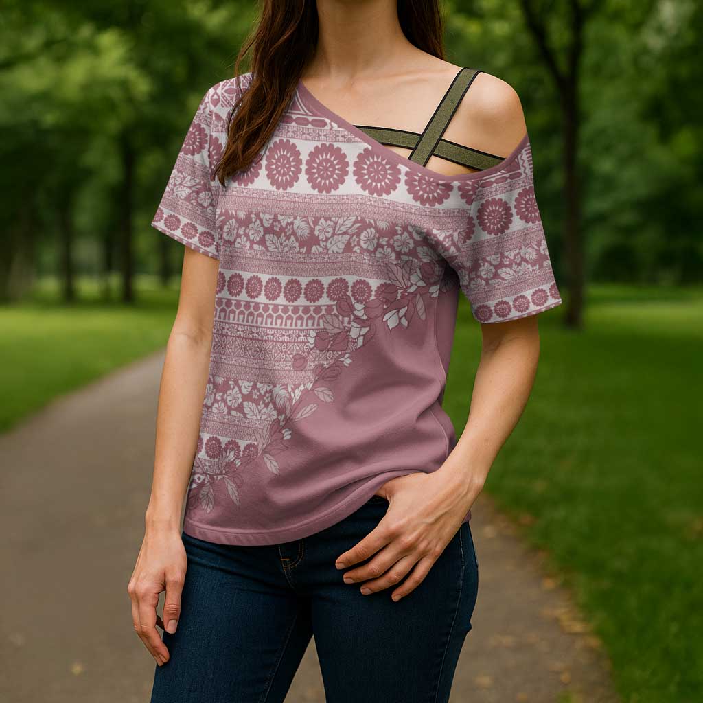 Fiji Marau na Kerisimasi Cross Shoulder Shirt Dusty Rose Tagimoucia Tapa Masi Tribal LT9 - Polynesian Pride
