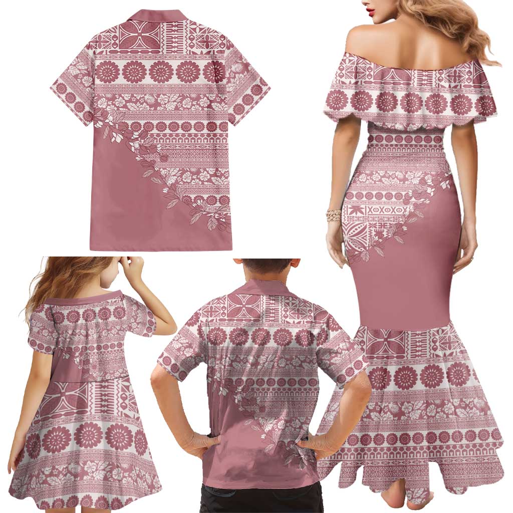 Fiji Marau na Kerisimasi Family Matching Mermaid Dress and Hawaiian Shirt Dusty Rose Tagimoucia Tapa Masi Tribal LT9 - Polynesian Pride