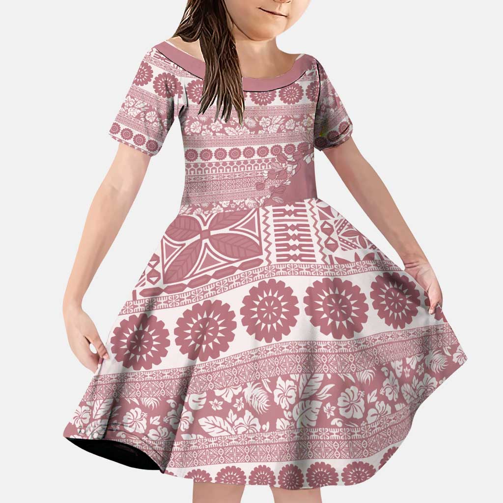 Fiji Marau na Kerisimasi Family Matching Off The Shoulder Long Sleeve Dress and Hawaiian Shirt Dusty Rose Tagimoucia Tapa Masi Tribal LT9 Daughter's Dress Pink - Polynesian Pride