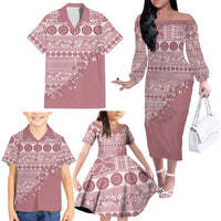 Fiji Marau na Kerisimasi Family Matching Off The Shoulder Long Sleeve Dress and Hawaiian Shirt Dusty Rose Tagimoucia Tapa Masi Tribal LT9 - Polynesian Pride