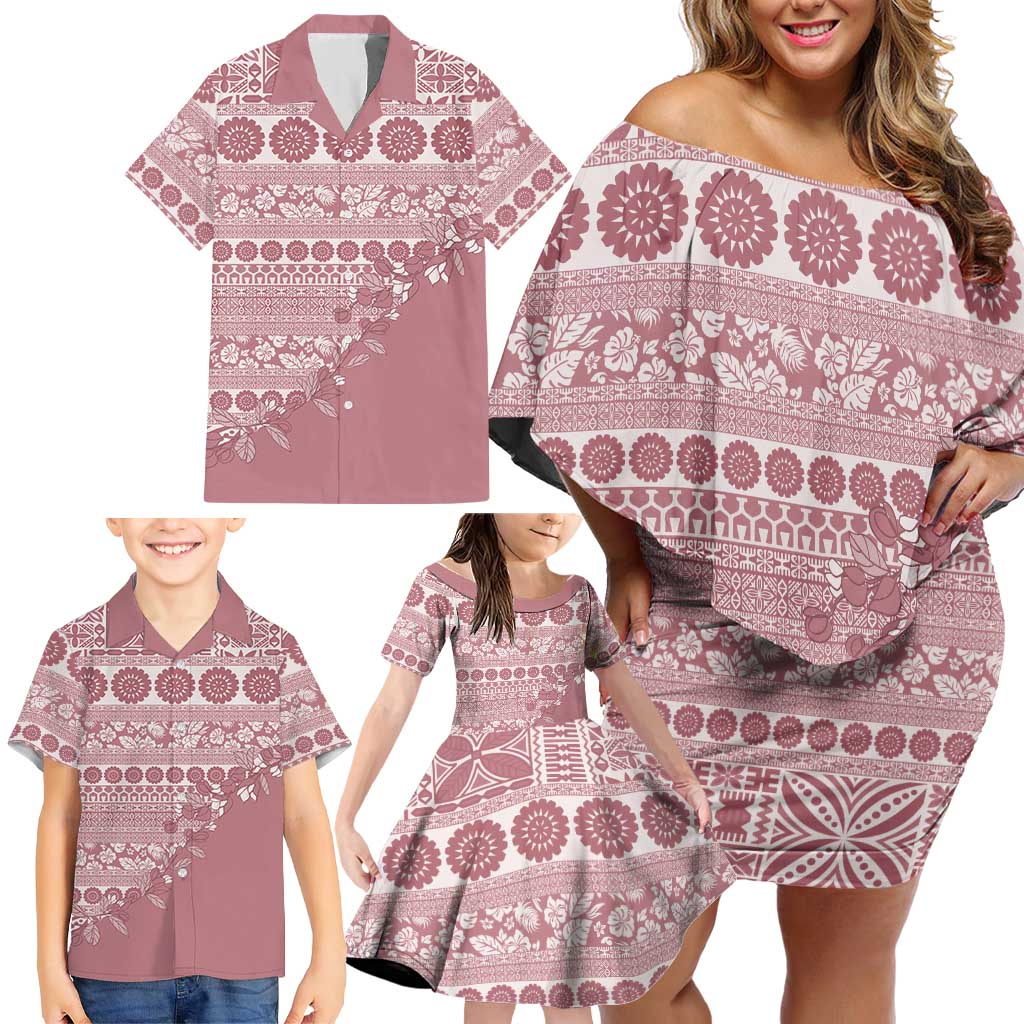 Fiji Marau na Kerisimasi Family Matching Off Shoulder Short Dress and Hawaiian Shirt Dusty Rose Tagimoucia Tapa Masi Tribal LT9 - Polynesian Pride