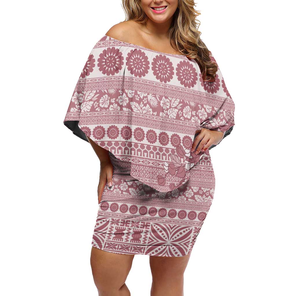 Fiji Marau na Kerisimasi Family Matching Off Shoulder Short Dress and Hawaiian Shirt Dusty Rose Tagimoucia Tapa Masi Tribal LT9 Mom's Dress Pink - Polynesian Pride
