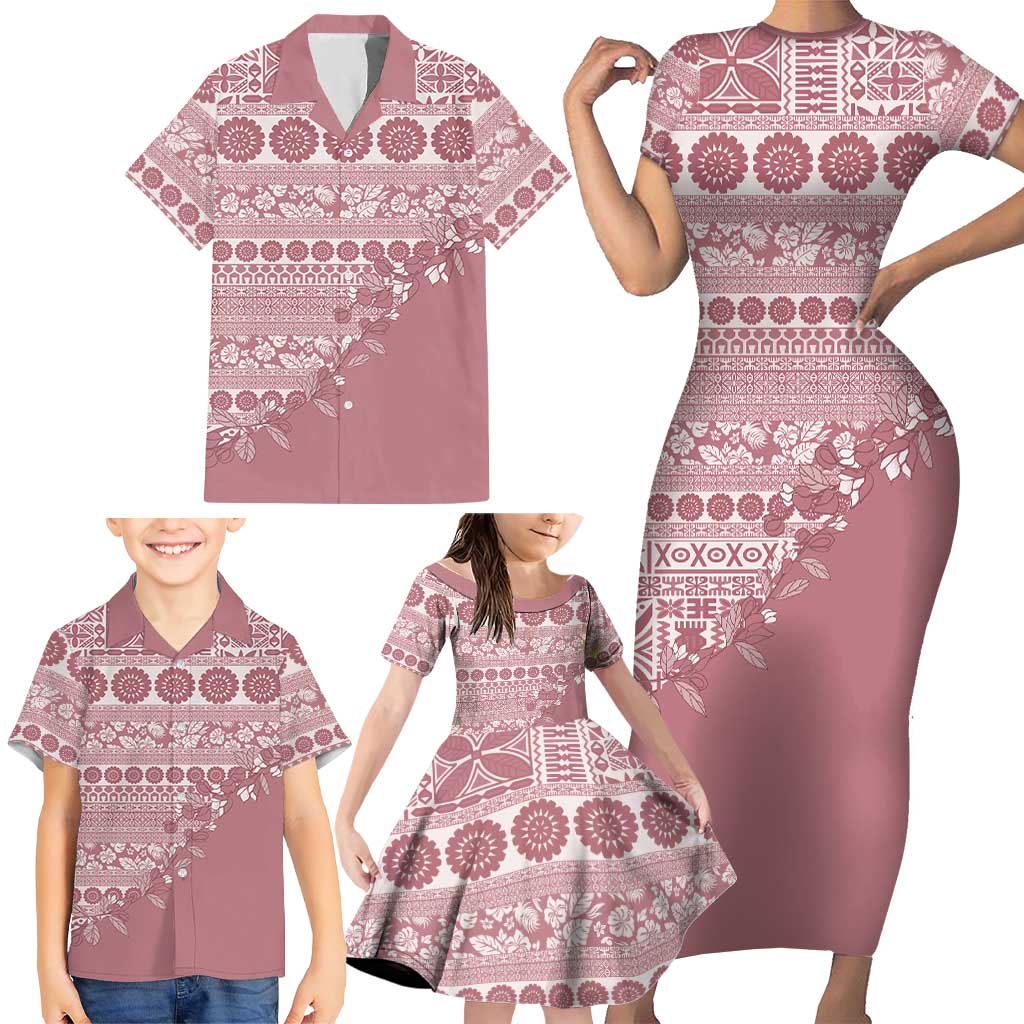 Fiji Marau na Kerisimasi Family Matching Short Sleeve Bodycon Dress and Hawaiian Shirt Dusty Rose Tagimoucia Tapa Masi Tribal - Polynesian Pride