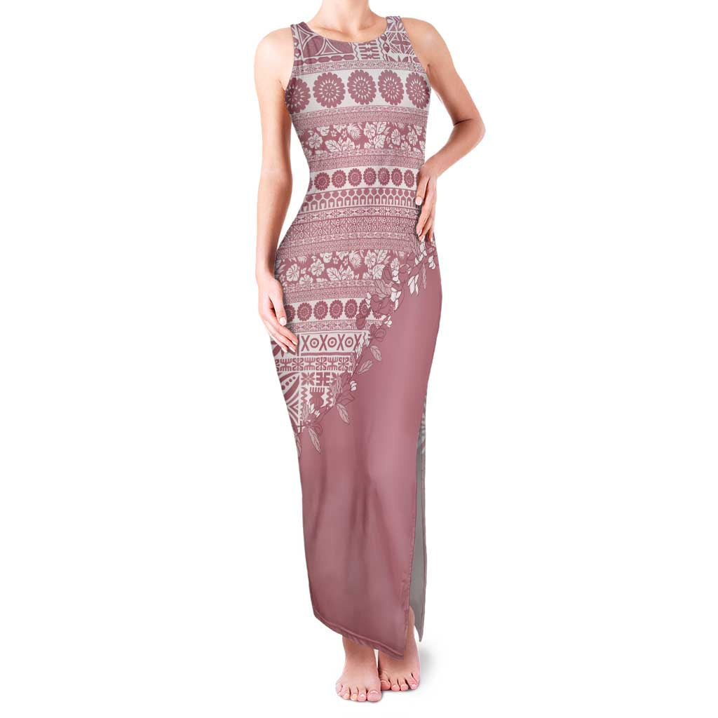 Fiji Marau na Kerisimasi Family Matching Tank Maxi Dress and Hawaiian Shirt Dusty Rose Tagimoucia Tapa Masi Tribal LT9 Mom's Dress Pink - Polynesian Pride