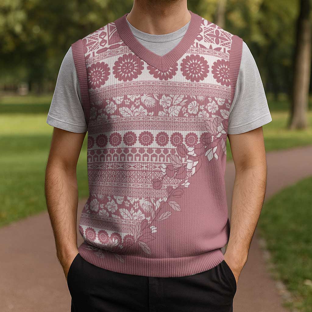 Fiji Marau na Kerisimasi Christmas Knitted V-Neck Vest Dusty Rose Tagimoucia Tapa Masi Tribal LT9 - Polynesian Pride