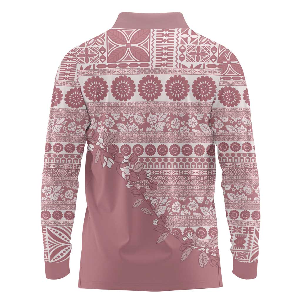 Fiji Marau na Kerisimasi Long Sleeve Polo Shirt Dusty Rose Tagimoucia Tapa Masi Tribal LT9 - Polynesian Pride