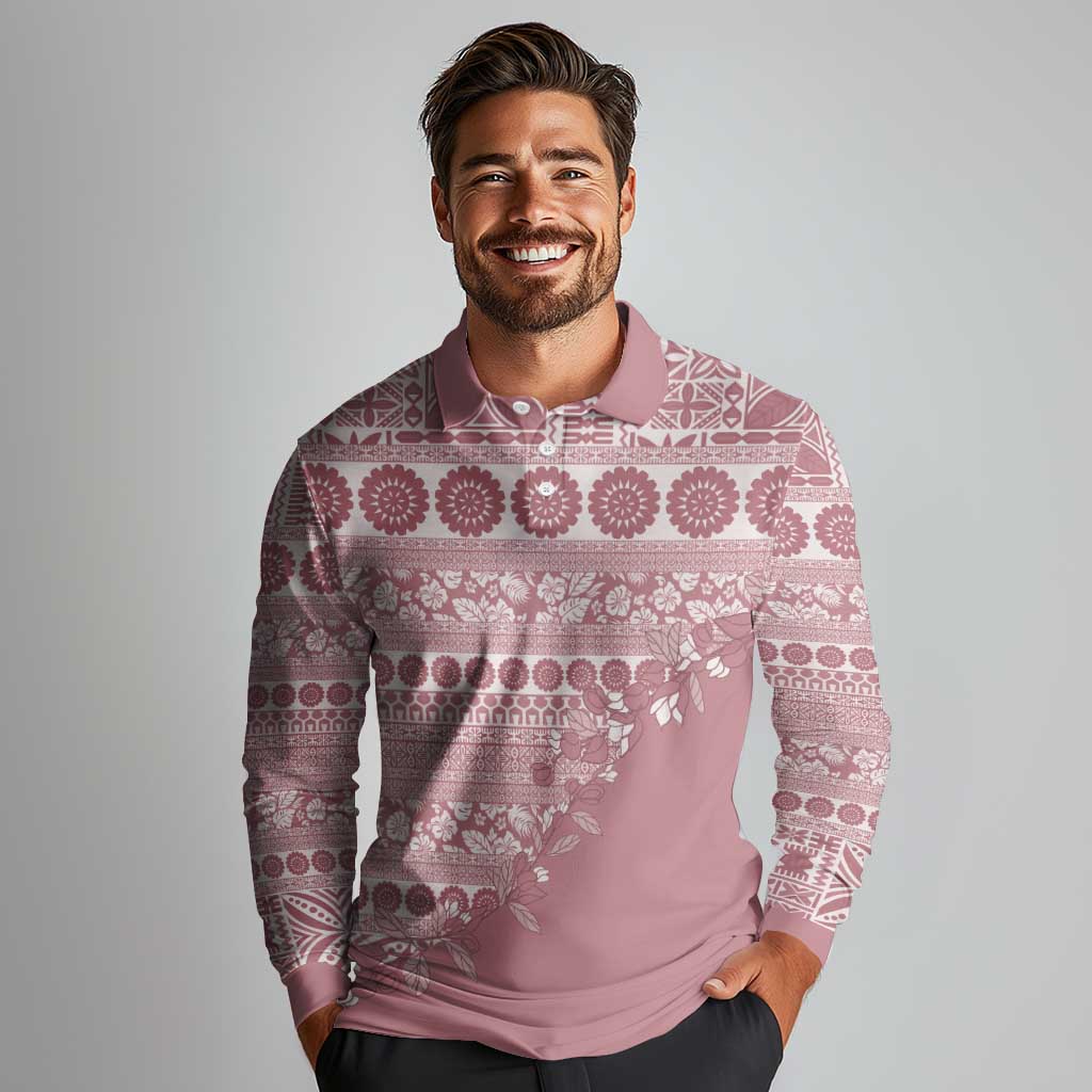 Fiji Marau na Kerisimasi Long Sleeve Polo Shirt Dusty Rose Tagimoucia Tapa Masi Tribal LT9 - Polynesian Pride