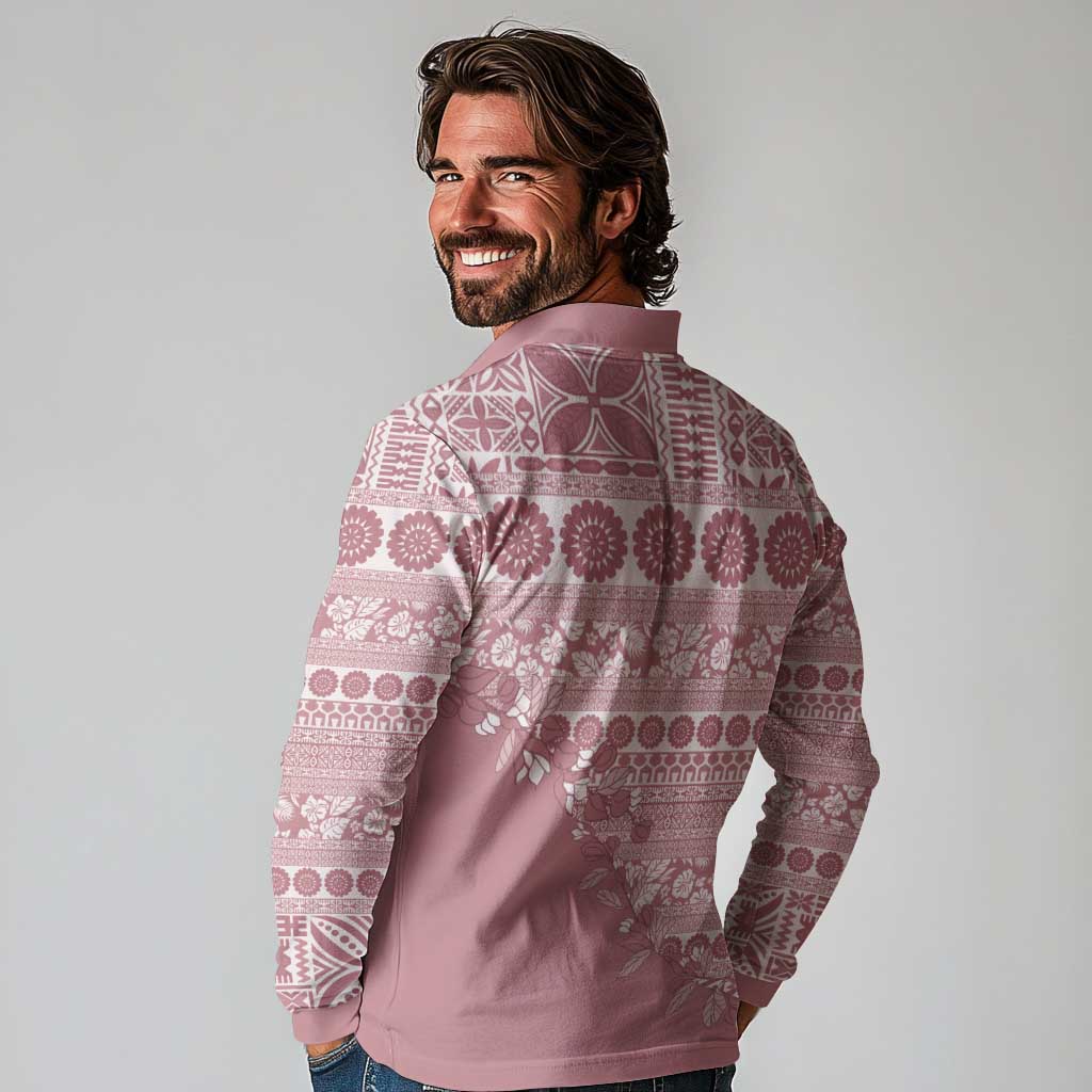 Fiji Marau na Kerisimasi Long Sleeve Polo Shirt Dusty Rose Tagimoucia Tapa Masi Tribal LT9 - Polynesian Pride