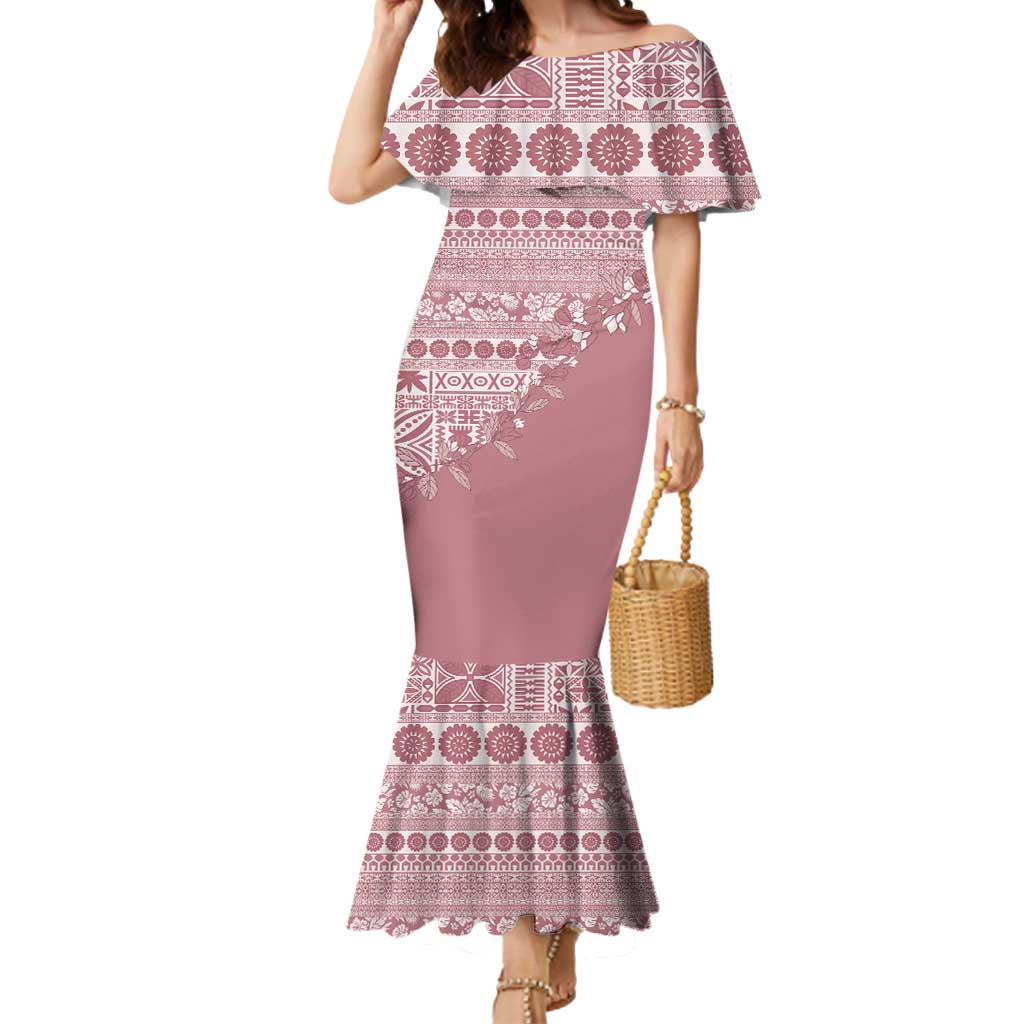 Fiji Marau na Kerisimasi Mermaid Dress Dusty Rose Tagimoucia Tapa Masi Tribal LT9 Women Pink - Polynesian Pride