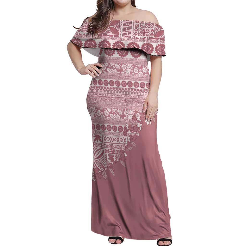 Fiji Marau na Kerisimasi Off Shoulder Maxi Dress Dusty Rose Tagimoucia Tapa Masi Tribal LT9 Women Pink - Polynesian Pride