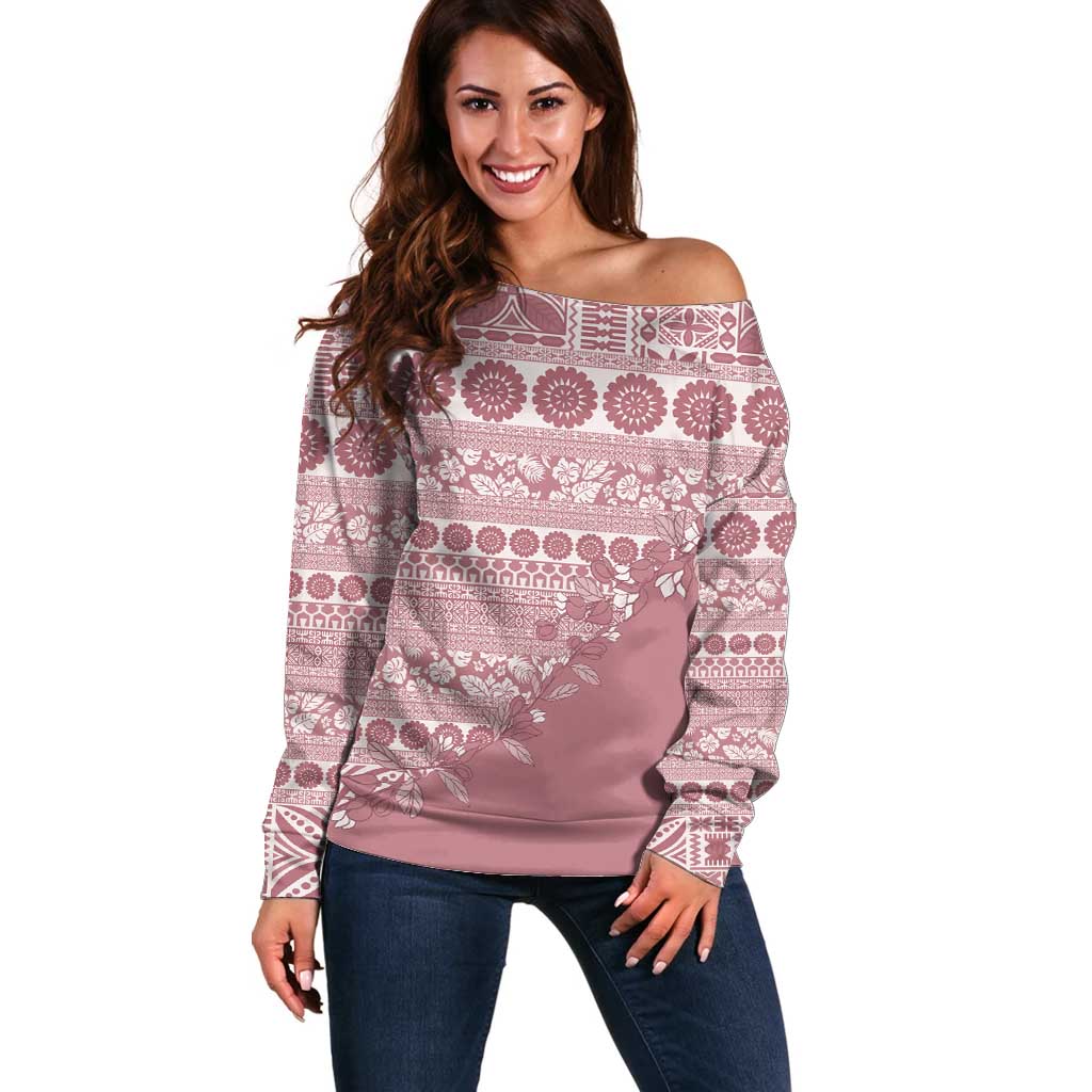 Fiji Marau na Kerisimasi Off Shoulder Sweater Dusty Rose Tagimoucia Tapa Masi Tribal LT9 Women Pink - Polynesian Pride