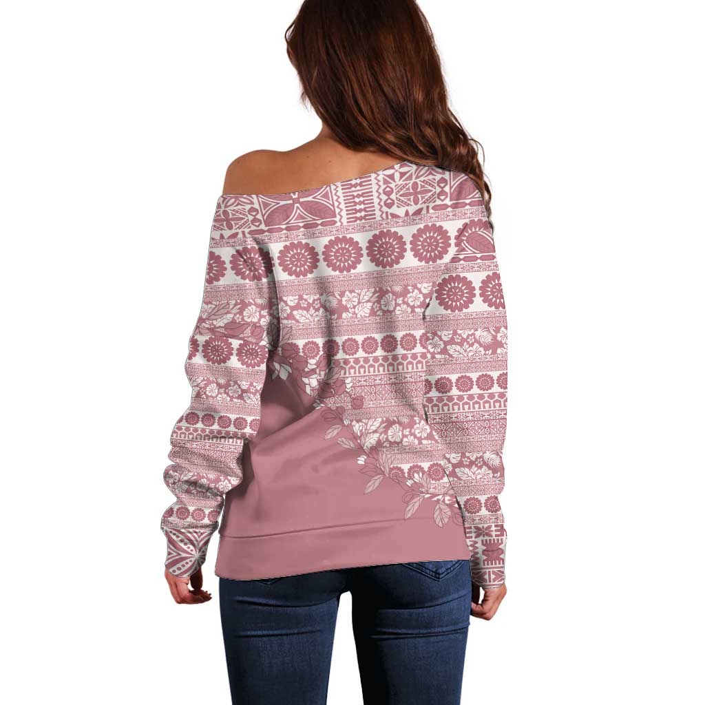 Fiji Marau na Kerisimasi Off Shoulder Sweater Dusty Rose Tagimoucia Tapa Masi Tribal LT9 - Polynesian Pride