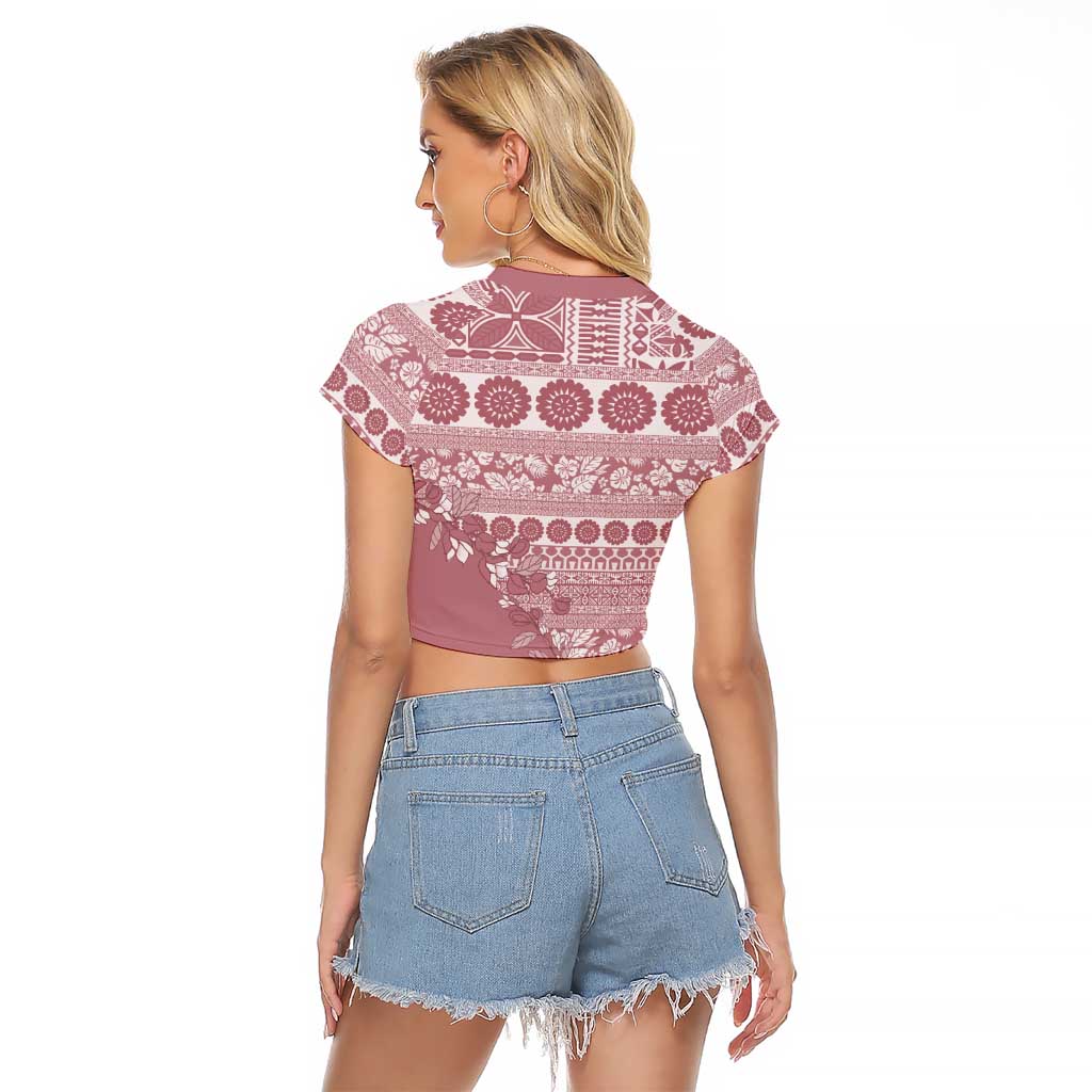 Fiji Marau na Kerisimasi Raglan Cropped T Shirt Dusty Rose Tagimoucia Tapa Masi Tribal LT9 - Polynesian Pride