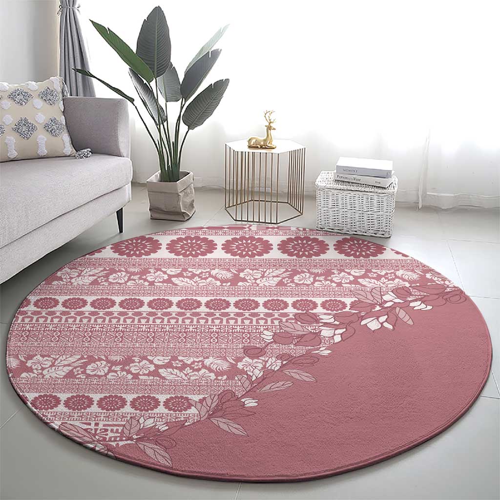 Fiji Marau na Kerisimasi Round Carpet Dusty Rose Tagimoucia Tapa Masi Tribal LT9 - Polynesian Pride