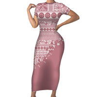 Fiji Marau na Kerisimasi Short Sleeve Bodycon Dress Dusty Rose Tagimoucia Tapa Masi Tribal LT9 Long Dress Pink - Polynesian Pride