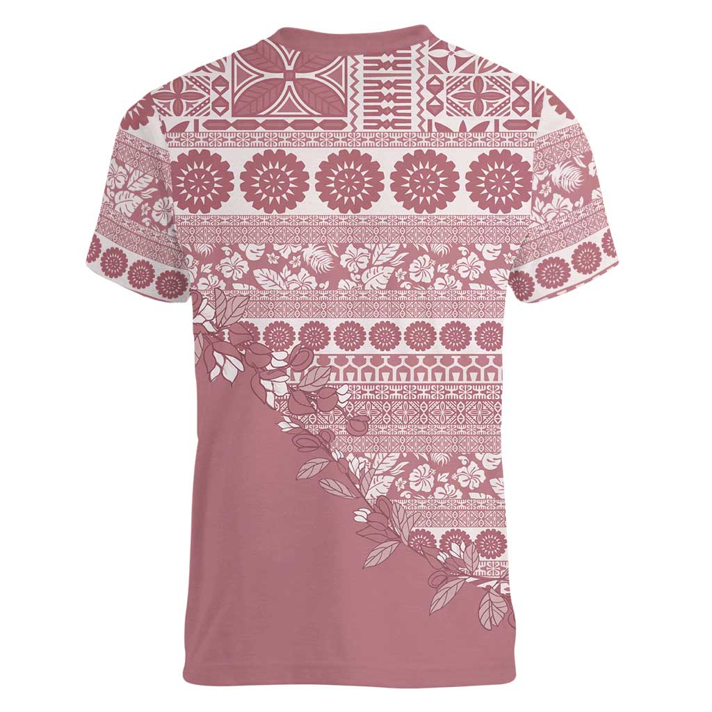 Fiji Marau na Kerisimasi Women V-Neck T-Shirt Dusty Rose Tagimoucia Tapa Masi Tribal LT9 - Polynesian Pride