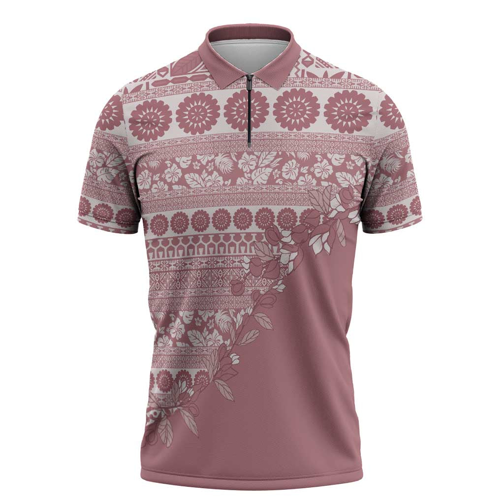 Fiji Marau na Kerisimasi Zipper Polo Shirt Dusty Rose Tagimoucia Tapa Masi Tribal - Polynesian Pride