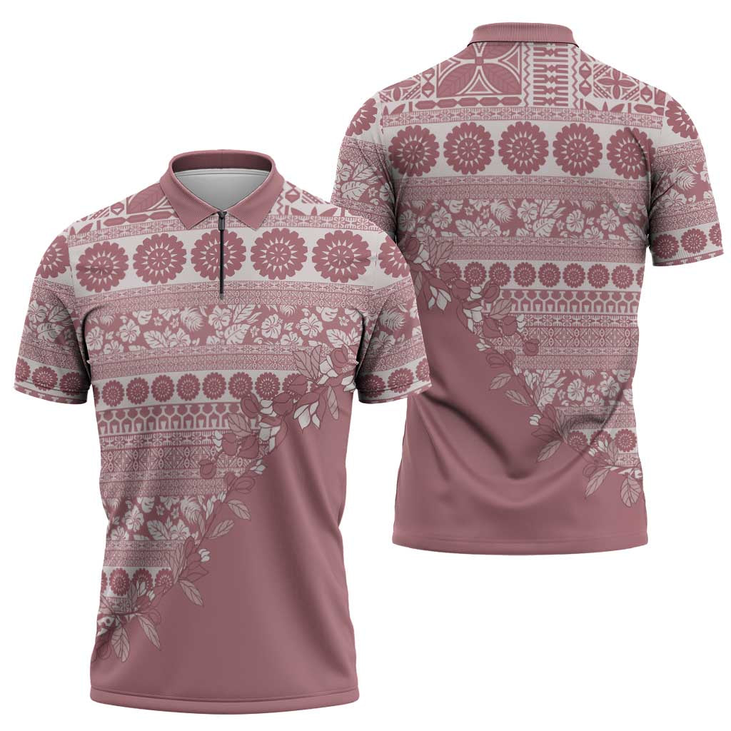Fiji Marau na Kerisimasi Zipper Polo Shirt Dusty Rose Tagimoucia Tapa Masi Tribal LT9 - Polynesian Pride