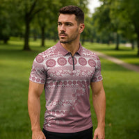 Fiji Marau na Kerisimasi Zipper Polo Shirt Dusty Rose Tagimoucia Tapa Masi Tribal LT9 - Polynesian Pride