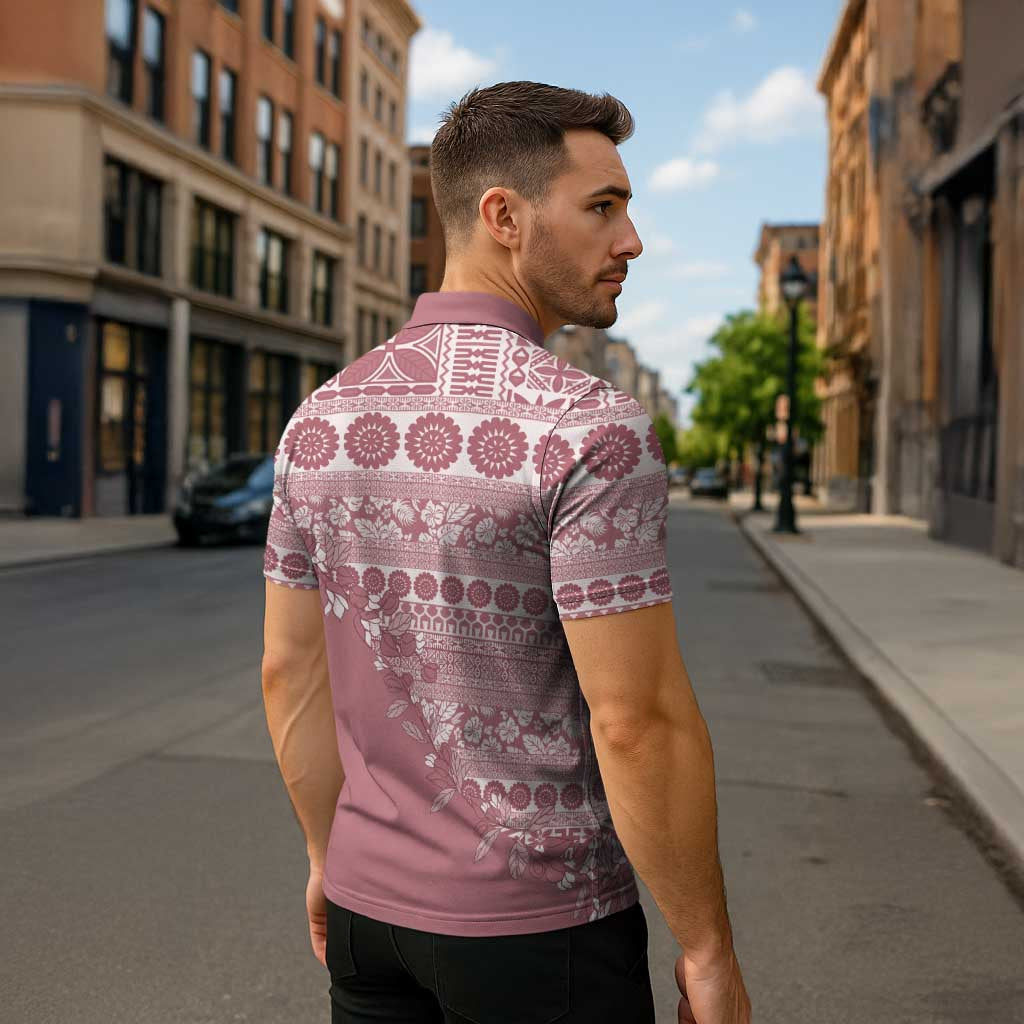 Fiji Marau na Kerisimasi Zipper Polo Shirt Dusty Rose Tagimoucia Tapa Masi Tribal LT9 - Polynesian Pride