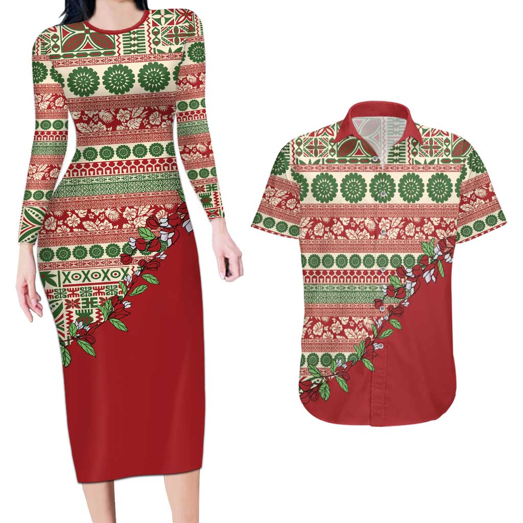 Fiji Marau na Kerisimasi Couples Matching Long Sleeve Bodycon Dress and Hawaiian Shirt Red Tagimoucia Tapa Masi Tribal - Polynesian Pride