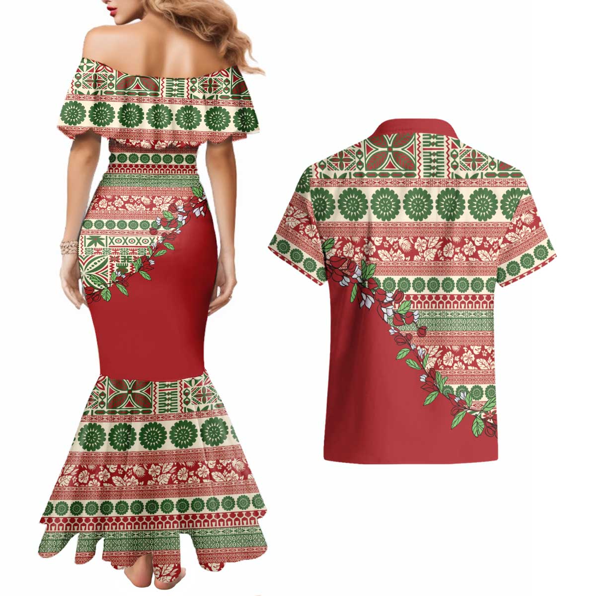 Fiji Marau na Kerisimasi Couples Matching Mermaid Dress and Hawaiian Shirt Red Tagimoucia Tapa Masi Tribal LT9 - Polynesian Pride