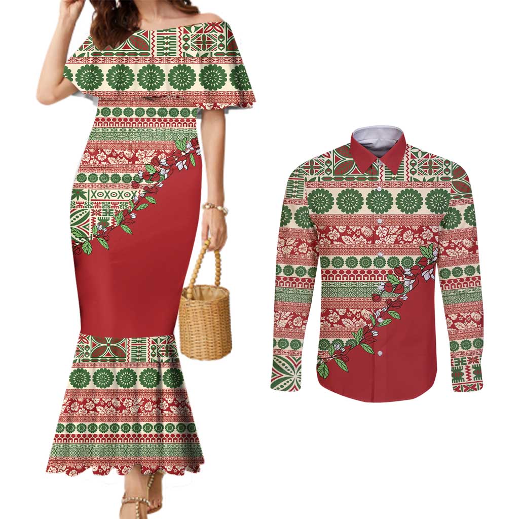 Fiji Marau na Kerisimasi Couples Matching Mermaid Dress and Long Sleeve Button Shirt Red Tagimoucia Tapa Masi Tribal LT9 Red - Polynesian Pride