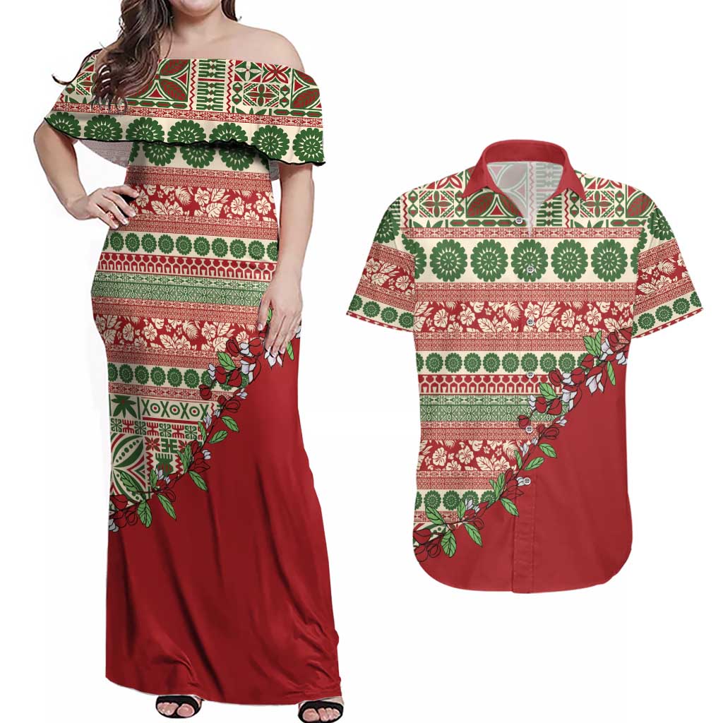 Fiji Marau na Kerisimasi Couples Matching Off Shoulder Maxi Dress and Hawaiian Shirt Red Tagimoucia Tapa Masi Tribal LT9 Red - Polynesian Pride