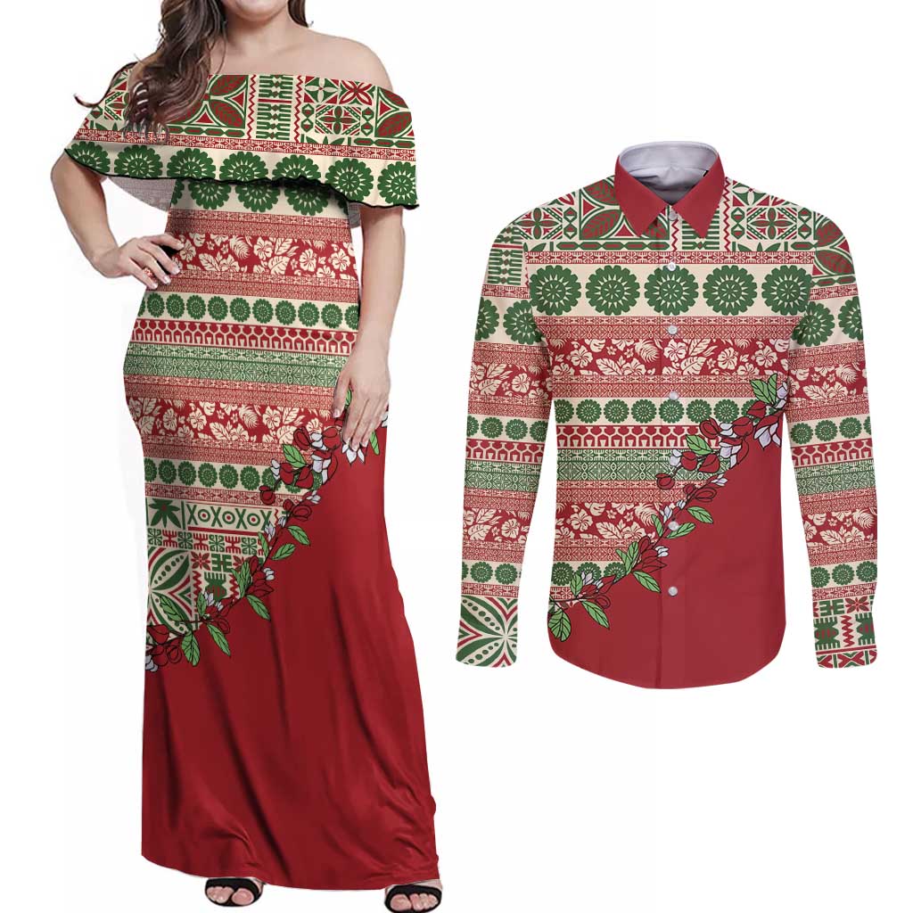 Fiji Marau na Kerisimasi Couples Matching Off Shoulder Maxi Dress and Long Sleeve Button Shirt Red Tagimoucia Tapa Masi Tribal LT9 Red - Polynesian Pride