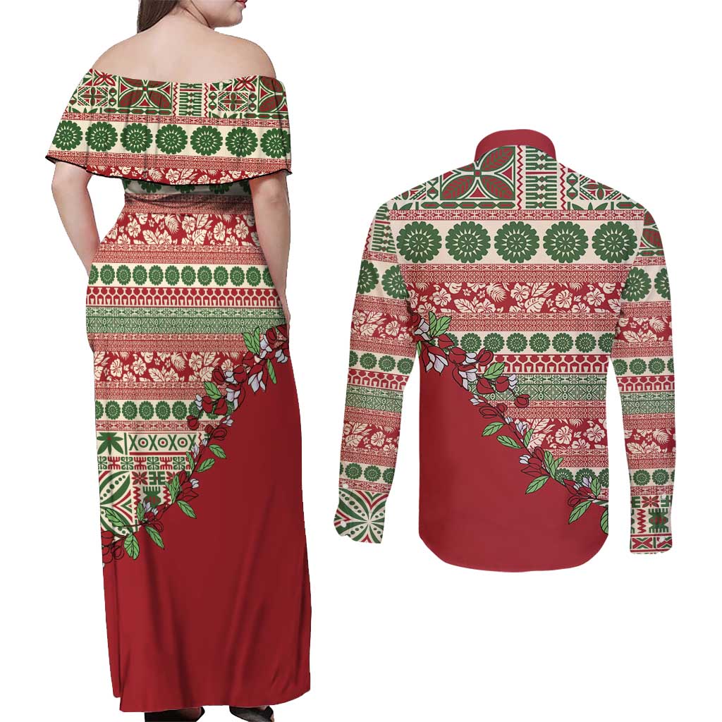 Fiji Marau na Kerisimasi Couples Matching Off Shoulder Maxi Dress and Long Sleeve Button Shirt Red Tagimoucia Tapa Masi Tribal LT9 - Polynesian Pride