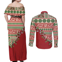 Fiji Marau na Kerisimasi Couples Matching Off Shoulder Maxi Dress and Long Sleeve Button Shirt Red Tagimoucia Tapa Masi Tribal LT9 - Polynesian Pride