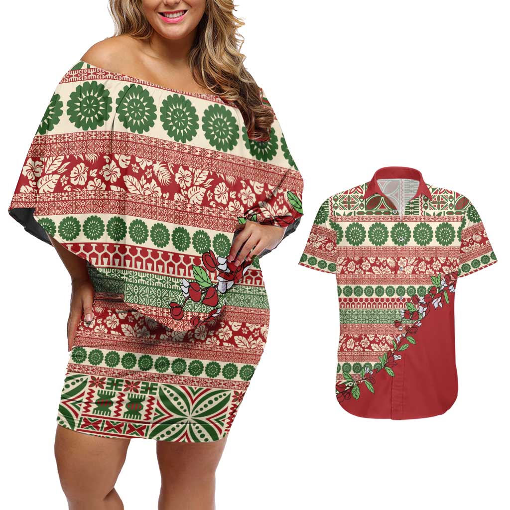 Fiji Marau na Kerisimasi Couples Matching Off Shoulder Short Dress and Hawaiian Shirt Red Tagimoucia Tapa Masi Tribal LT9 Red - Polynesian Pride