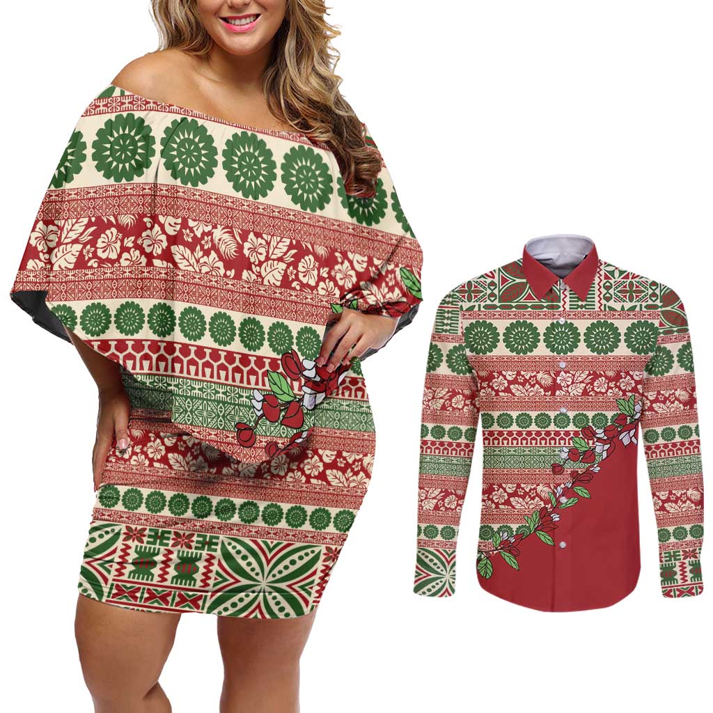Fiji Marau na Kerisimasi Couples Matching Off Shoulder Short Dress and Long Sleeve Button Shirt Red Tagimoucia Tapa Masi Tribal - Polynesian Pride