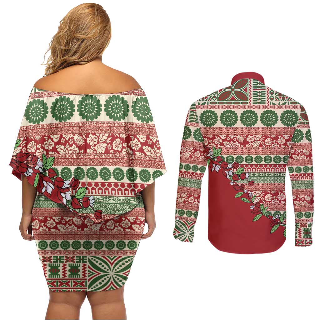 Fiji Marau na Kerisimasi Couples Matching Off Shoulder Short Dress and Long Sleeve Button Shirt Red Tagimoucia Tapa Masi Tribal LT9 - Polynesian Pride