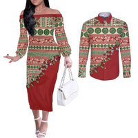 Fiji Marau na Kerisimasi Couples Matching Off The Shoulder Long Sleeve Dress and Long Sleeve Button Shirt Red Tagimoucia Tapa Masi Tribal LT9 Red - Polynesian Pride