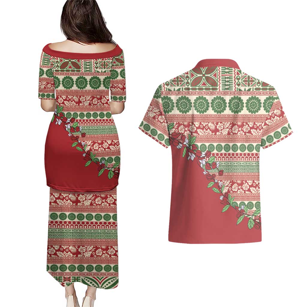 Fiji Marau na Kerisimasi Couples Matching Puletasi and Hawaiian Shirt Red Tagimoucia Tapa Masi Tribal LT9 - Polynesian Pride
