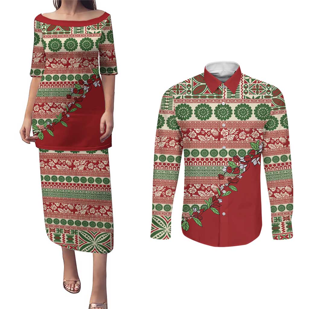 Fiji Marau na Kerisimasi Couples Matching Puletasi and Long Sleeve Button Shirt Red Tagimoucia Tapa Masi Tribal LT9 Red - Polynesian Pride