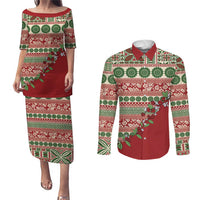 Fiji Marau na Kerisimasi Couples Matching Puletasi and Long Sleeve Button Shirt Red Tagimoucia Tapa Masi Tribal LT9 Red - Polynesian Pride