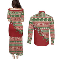 Fiji Marau na Kerisimasi Couples Matching Puletasi and Long Sleeve Button Shirt Red Tagimoucia Tapa Masi Tribal LT9 - Polynesian Pride